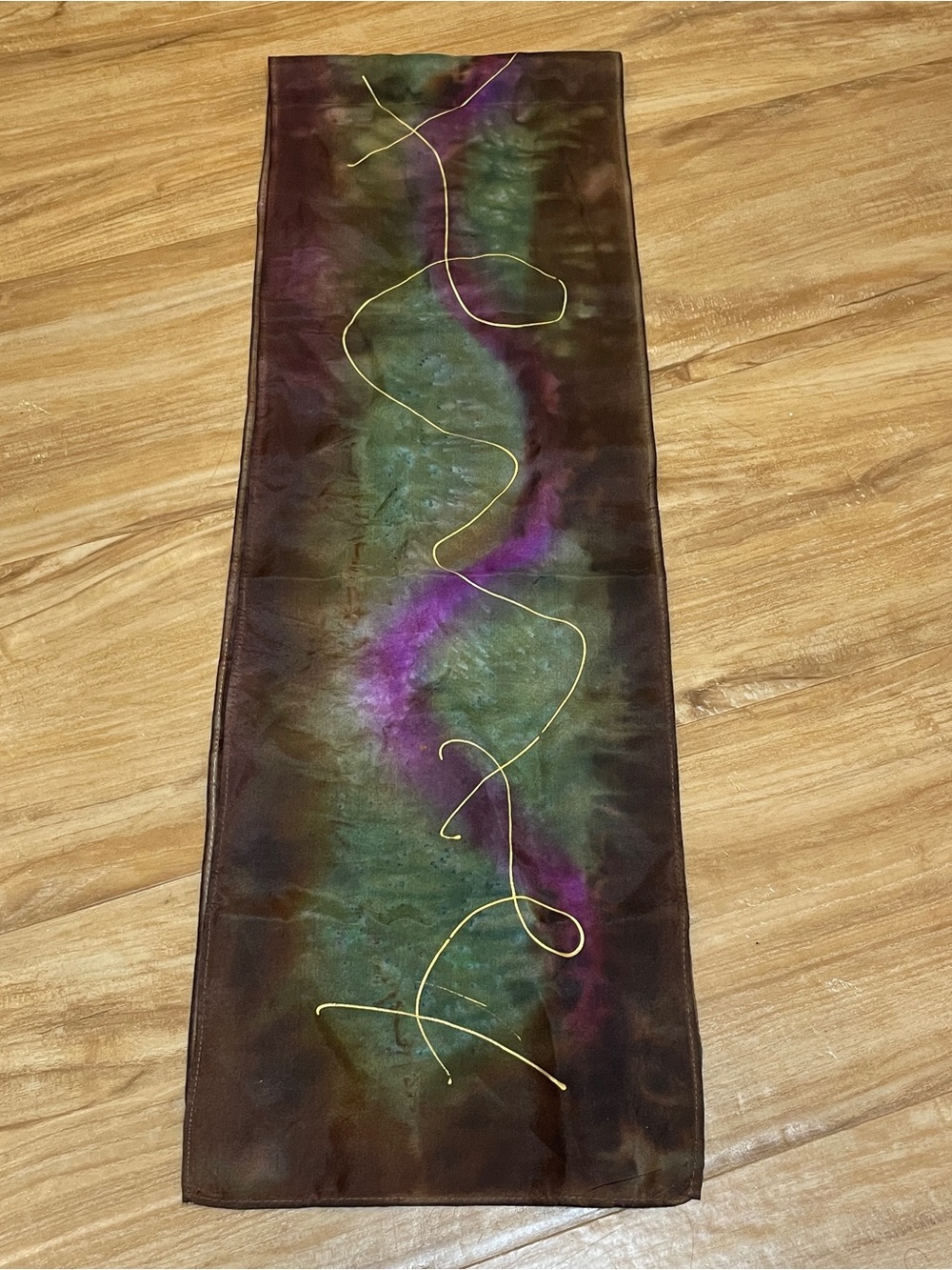 Hand Dyed Painted Plum Olive Green Magenta Gold  Oblong Scarf 52" Artisan
